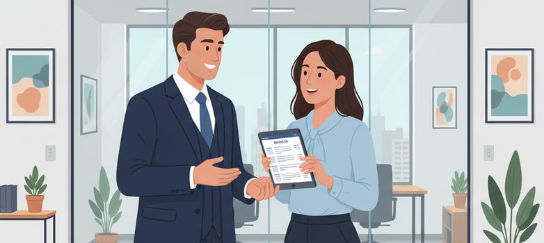 Illustration Eigentümer & Verwalter: Gespräch über Rechnungen