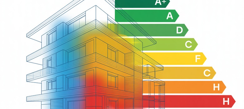 Energieausweis erstellen - Modernes Wohngebäude mit Energieeffizienzskala