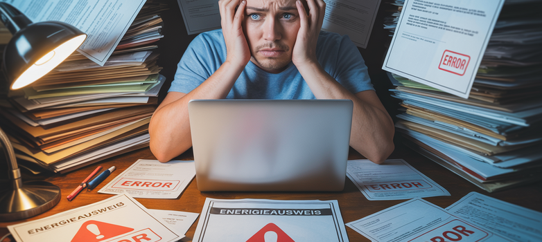 Verwirrter Hausbesitzer vor Laptop mit Fehlermeldung