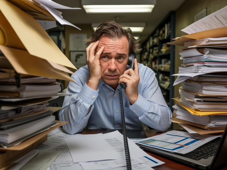 Gestresster Hausverwalter zwischen Papierstapeln