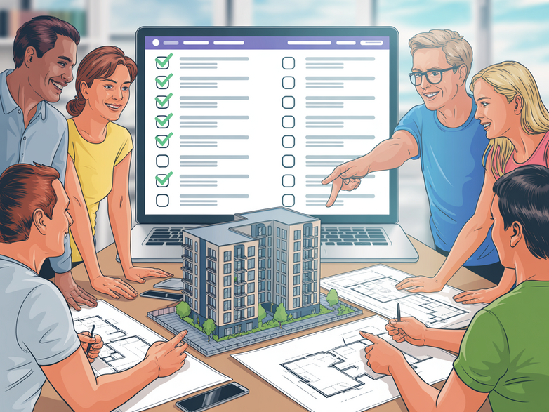 Moderne Wohnanlage, diverse Eigentümer diskutieren Pläne