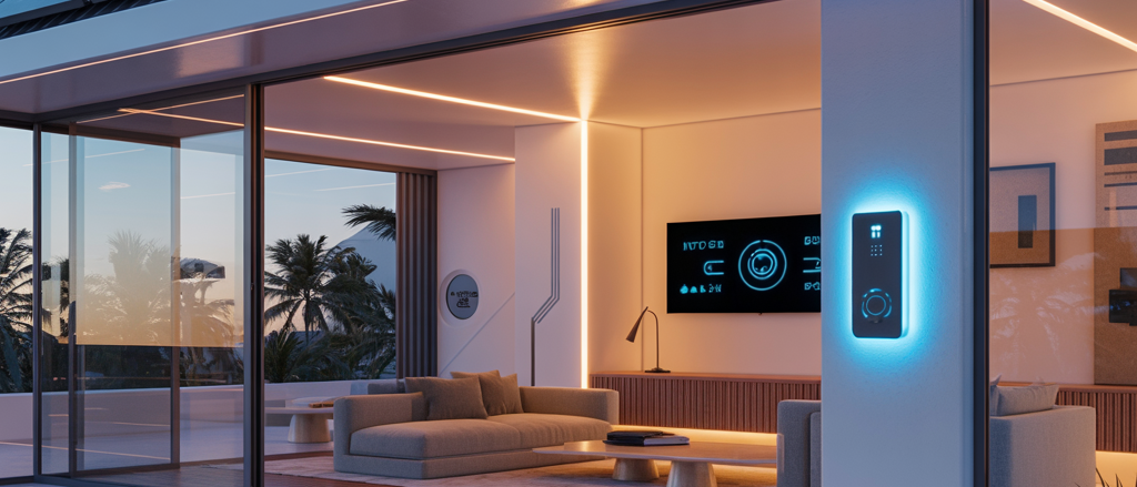 Futuristische Ferienwohnung mit Smart-Home-Technologie, digitales Türschloss